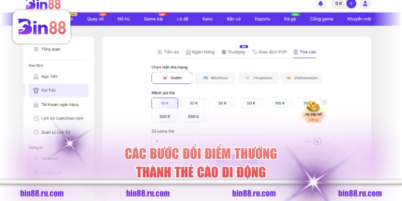 Các bước đổi điểm thưởng thành thẻ cào di động