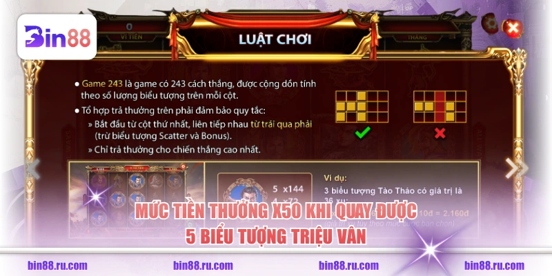 Mức tiền thưởng x50 khi quay được 5 biểu tượng Triệu Vân